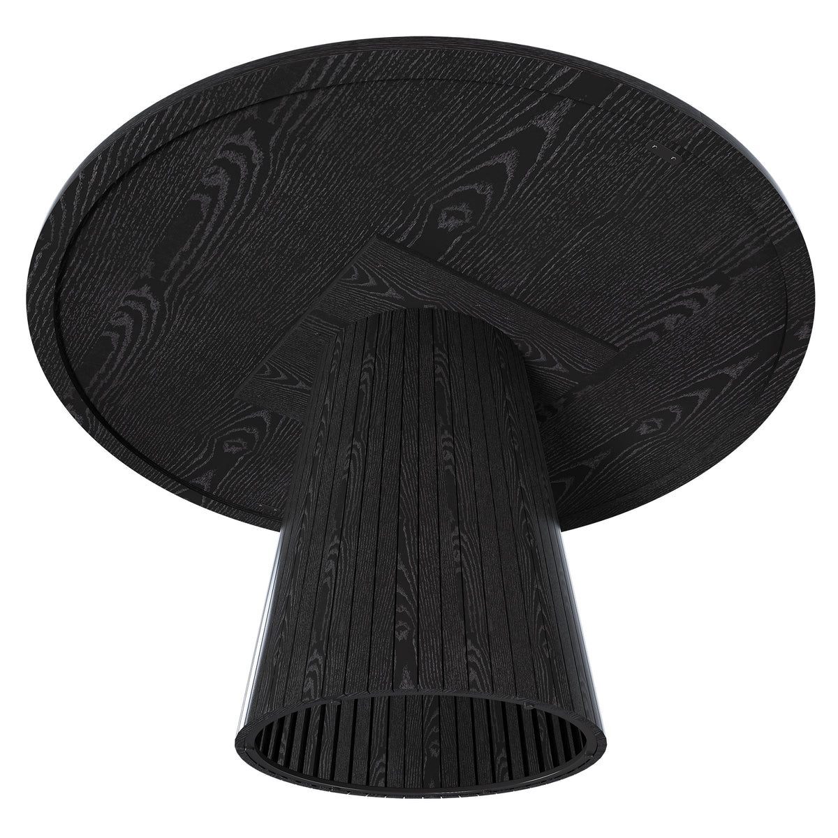 Underside three-quarter view of the black round dining table showing the hollow conical base
