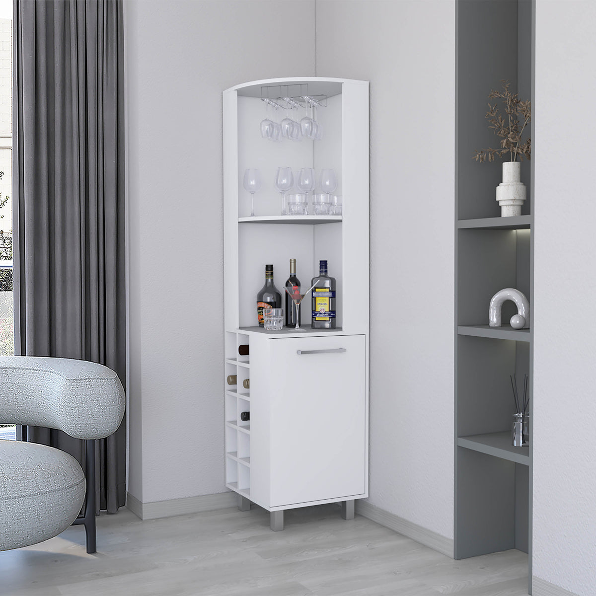 Corner Bar Cabinet Wine Rack, White, 10-Bottle & Stemware