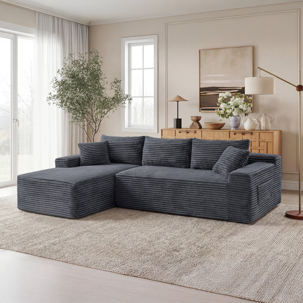 Gray Corduroy L-Shaped Modular Sectional, 94.5 in Wide, Left-Facing