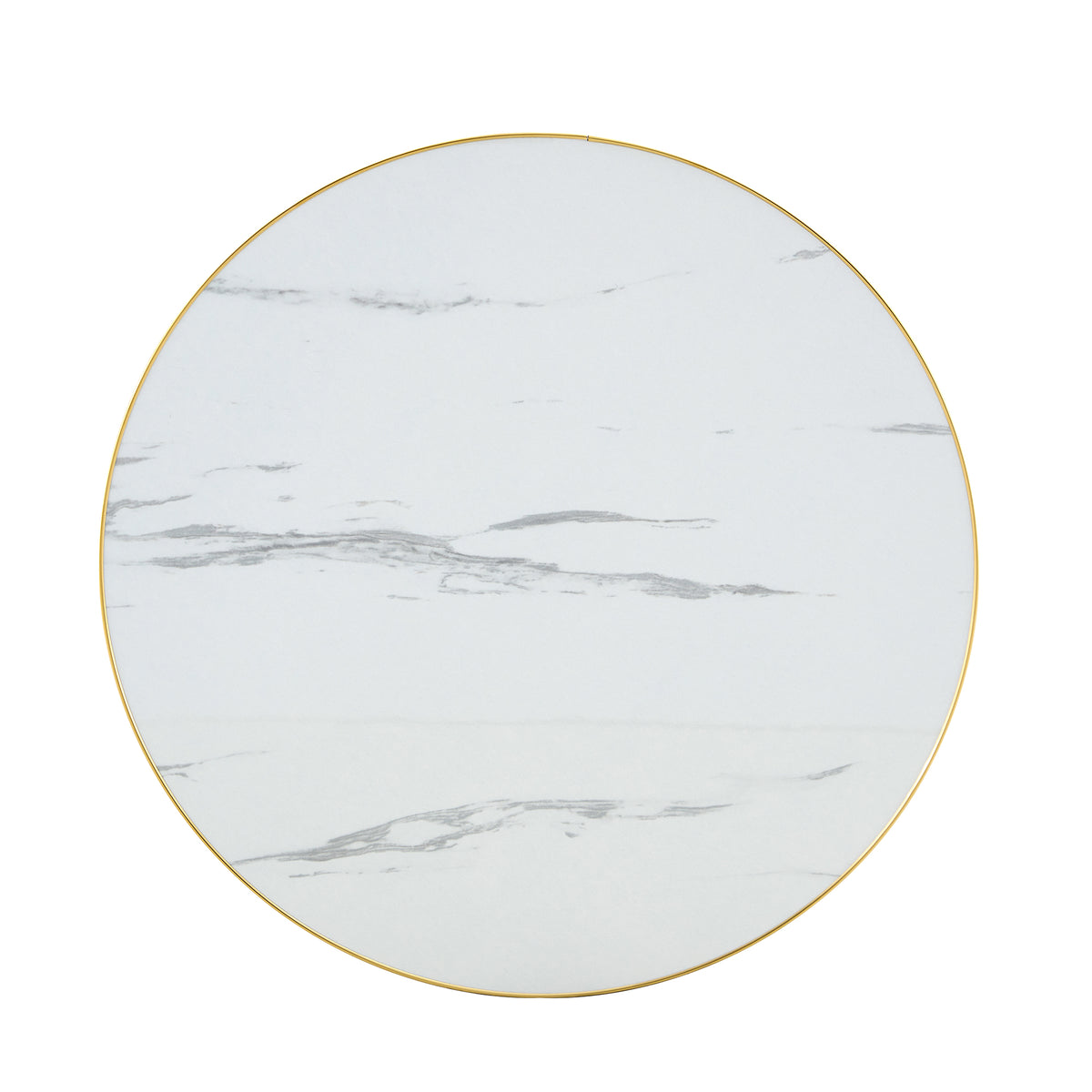 Overhead view of the round white faux marble tabletop with a thin gold rim on a white background