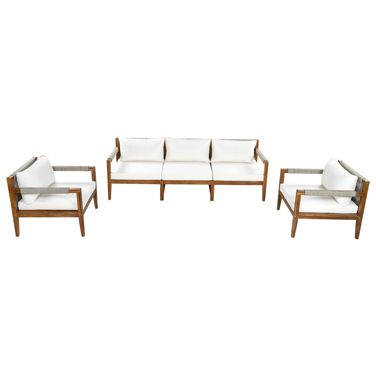 Solid Wood 3-Piece Outdoor Sectional Set with Beige Cushions