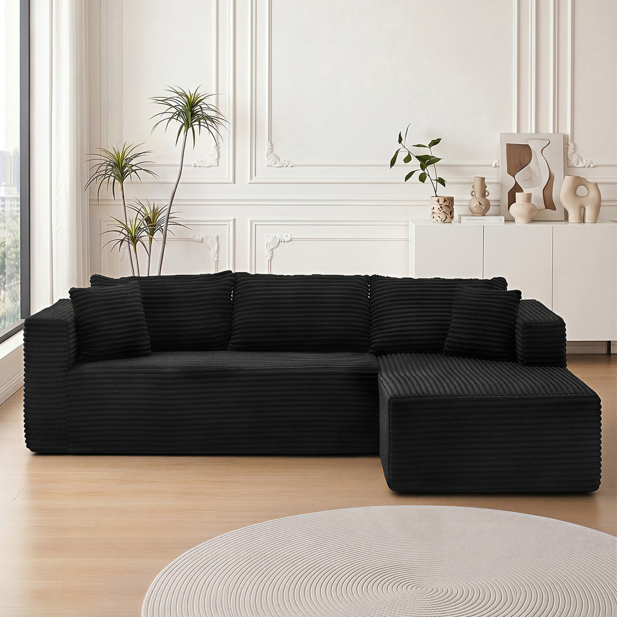 Black Corduroy Armless L-Shaped Sectional, 105 in Wide, Right-Facing