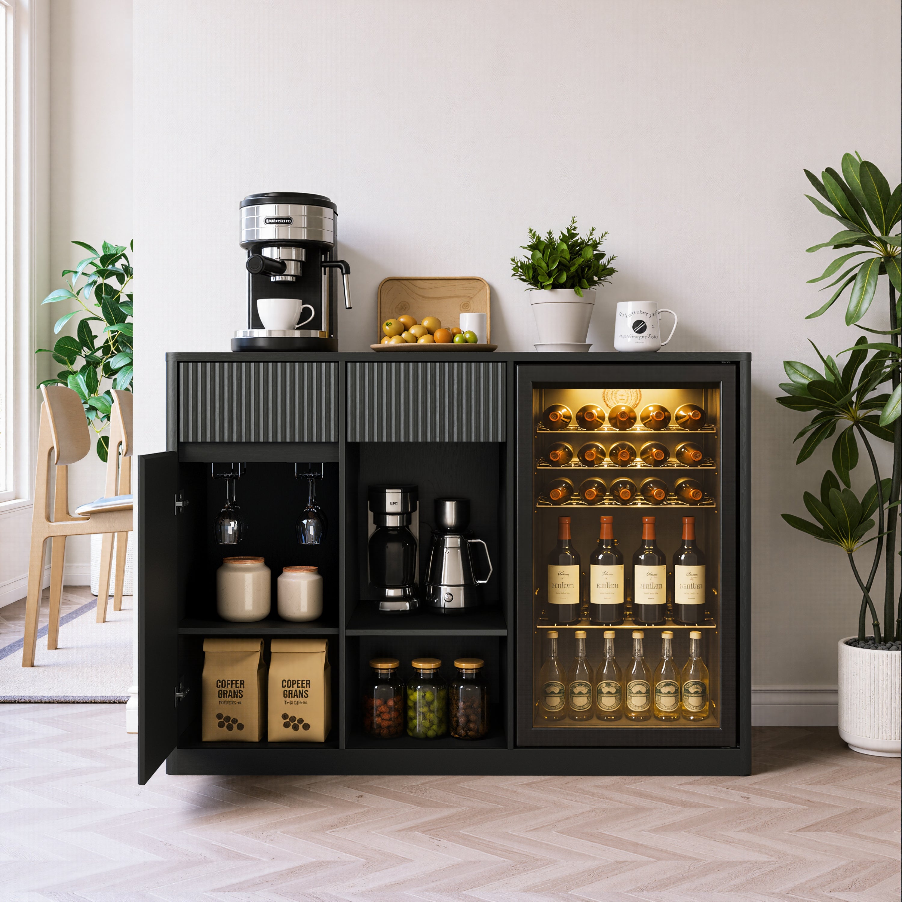 Fluted Bar Cabinet with Fridge Space, Black, 2 Drawers & Shelves