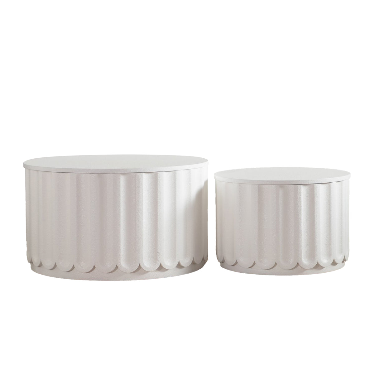 Cream Fluted Round Drum Coffee Table Set of 2 with Storage, 46.5 in