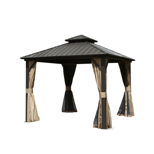 8x8 ft Brown Aluminum Double Roof Hardtop Gazebo with Netting and Curtains