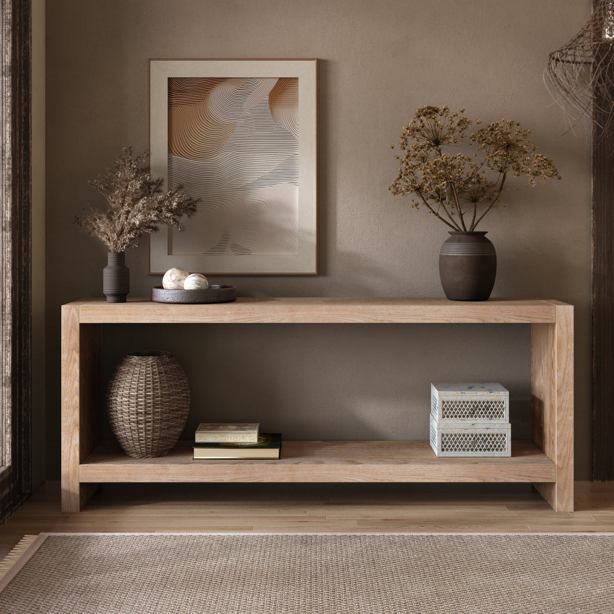 Natural Entryway Console Table with Storage, 63 in Wide