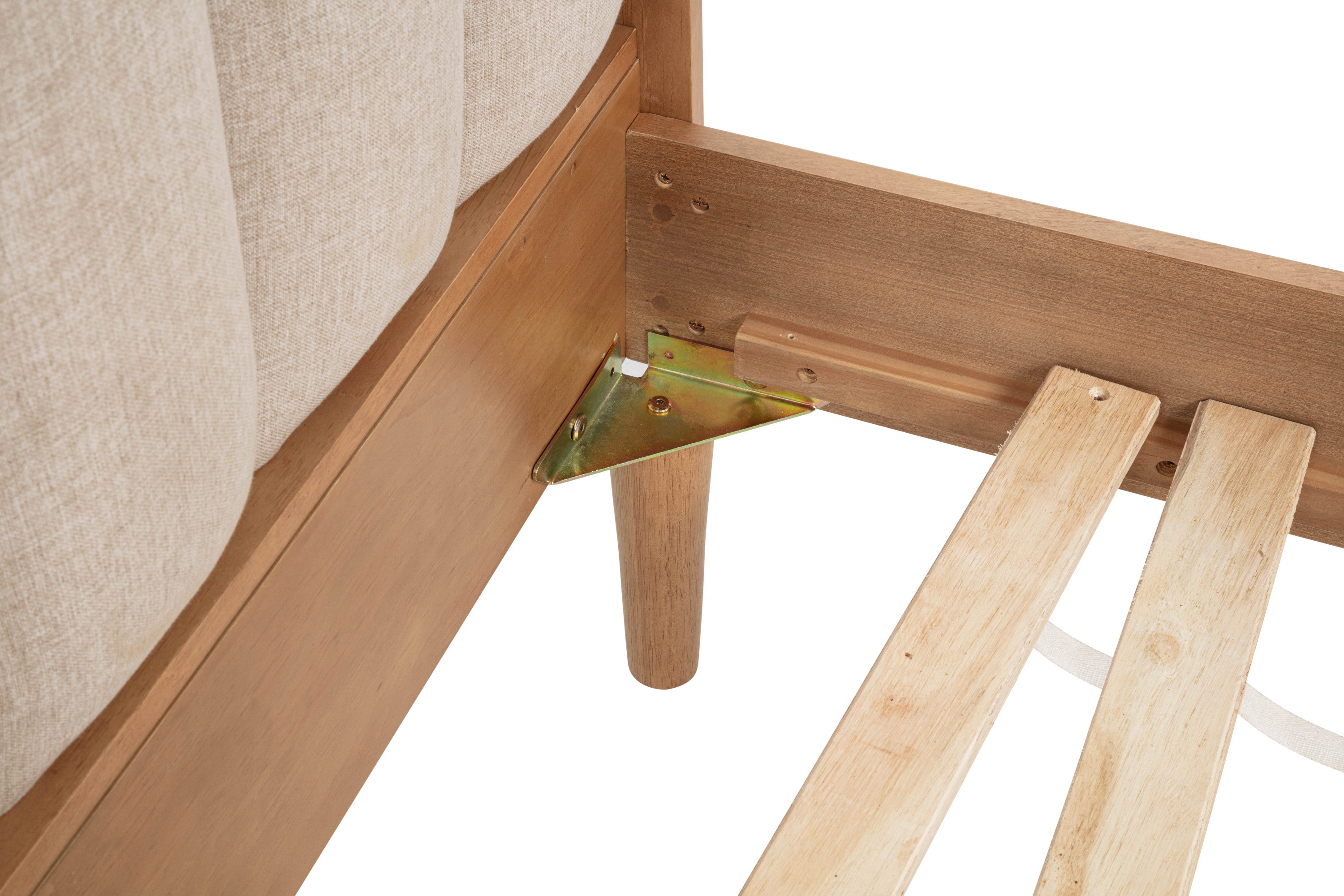 Close-up of the bolt-on metal rail bracket joining the headboard post to the side rail