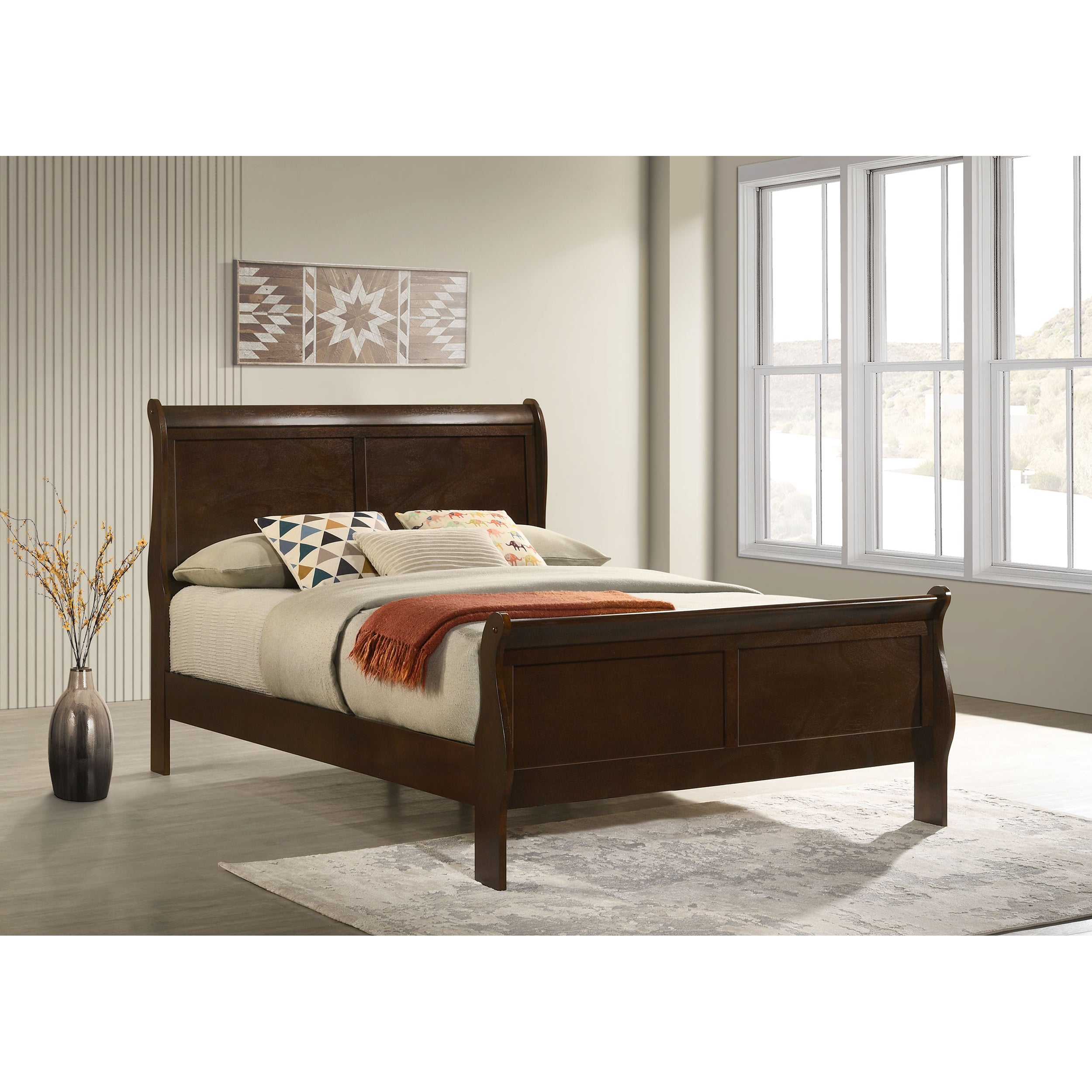 Full Size Sleigh Bed in Cappuccino Wood Finish