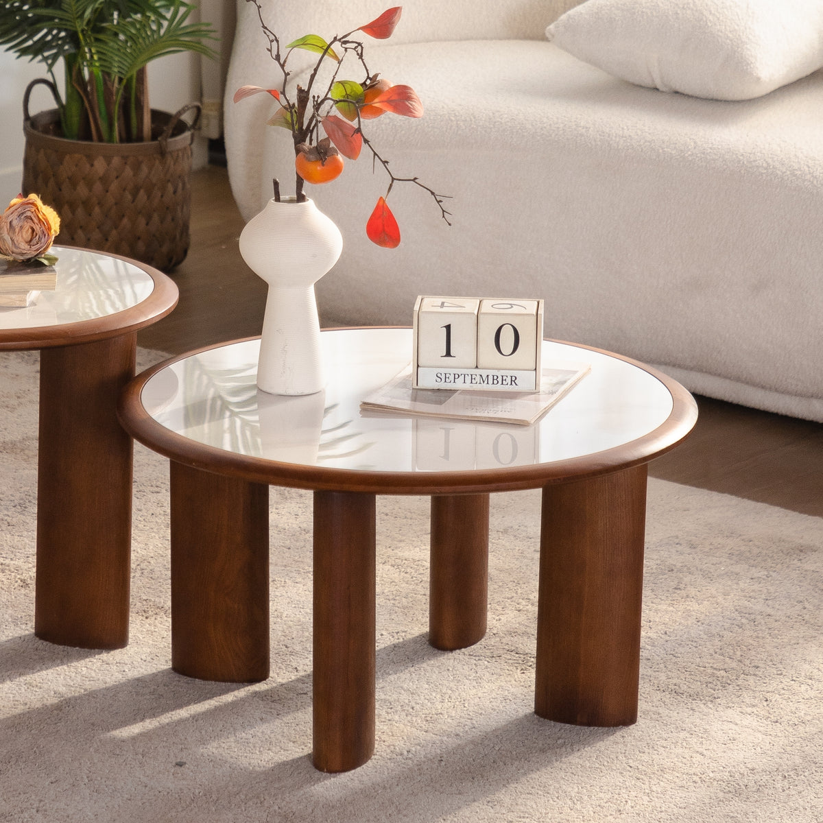 White and Walnut Sintered Stone Round Coffee Table, 27.8 in