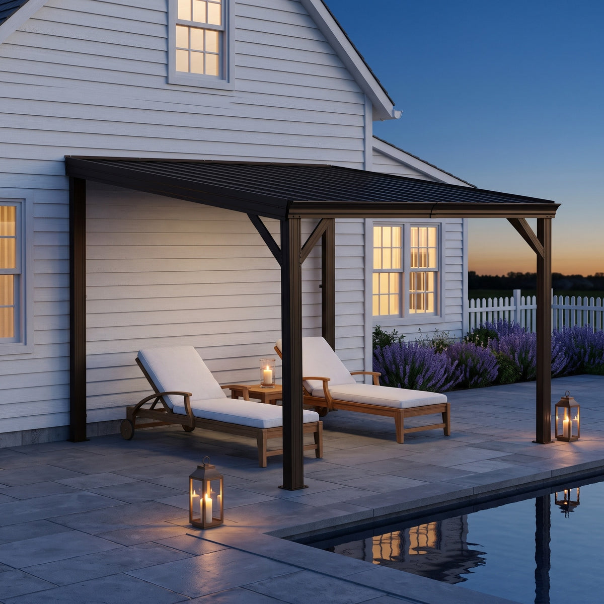 Brown metal lean-to hardtop gazebo on a house wall over two lounge chairs by a pool at dusk with lanterns