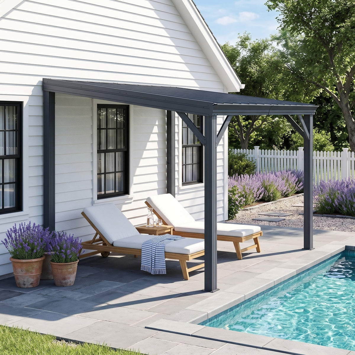 Gray metal lean-to hardtop gazebo on a white house wall shading two teak loungers beside a pool