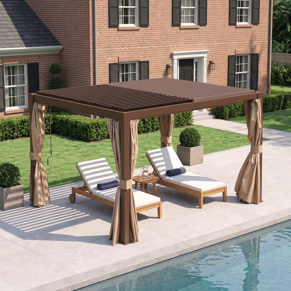 Brown aluminum louvered pergola with tan curtains shading two loungers on a pool patio by a brick house