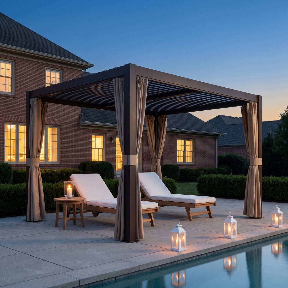 Brown aluminum louvered pergola with tan curtains over two loungers beside a pool at dusk