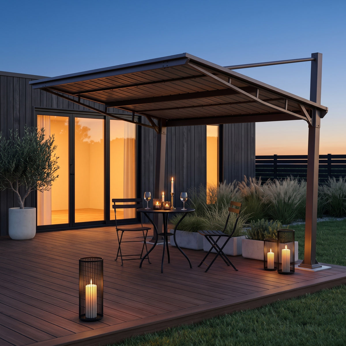 Brown metal 10x12 lean-to hardtop gazebo over a bistro table on a wood deck at dusk with candle lanterns