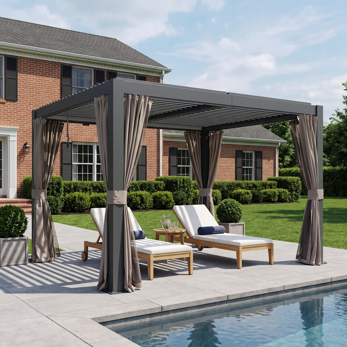 Gray aluminum louvered pergola with taupe curtains tied back over two lounge chairs beside a pool on a sunny day