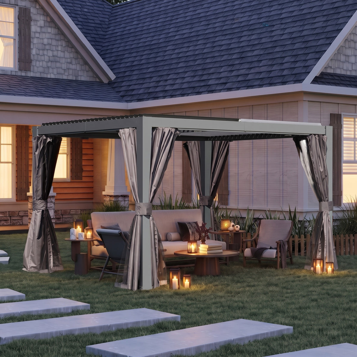 Gray aluminum louvered pergola with tied back curtains over a lounge set on a lawn at dusk, lit by lanterns