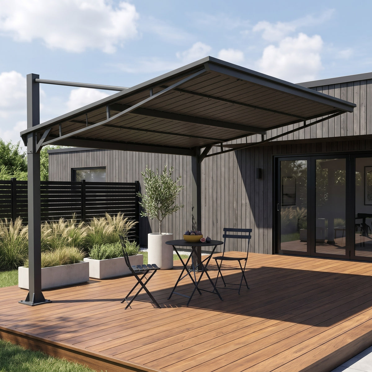 Gray metal lean-to hardtop gazebo shading a black bistro table set on a wood deck beside a dark clad house