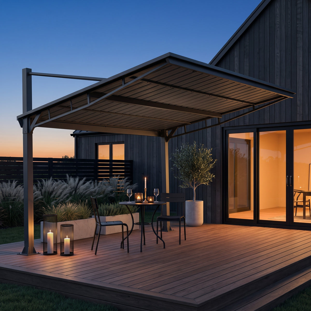 Gray metal 10x12 lean-to hardtop gazebo over a bistro table on a wood deck at dusk with candle lanterns