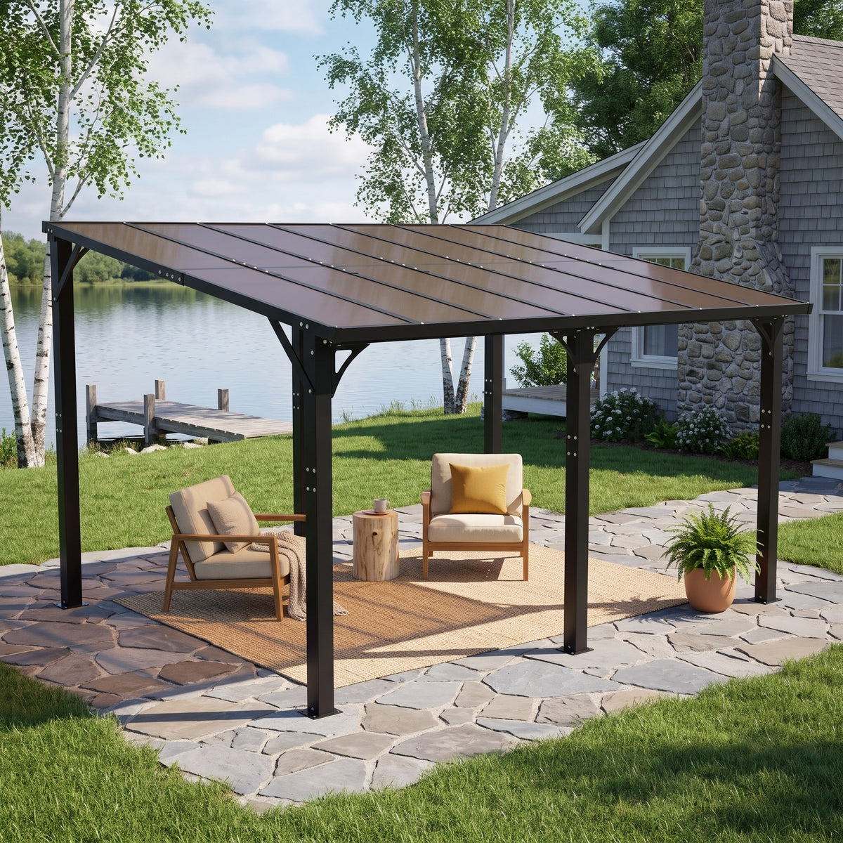 Brown aluminum 10x14 hardtop gazebo shading two armchairs on a flagstone patio by a lake