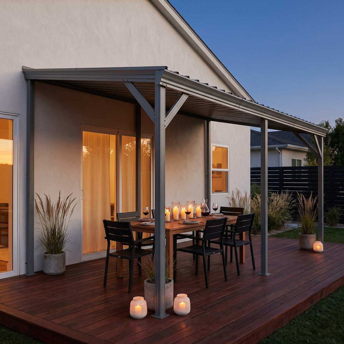 Gray steel 10x16 lean-to hardtop gazebo on a house wall over a candlelit dining table on a wood deck at dusk