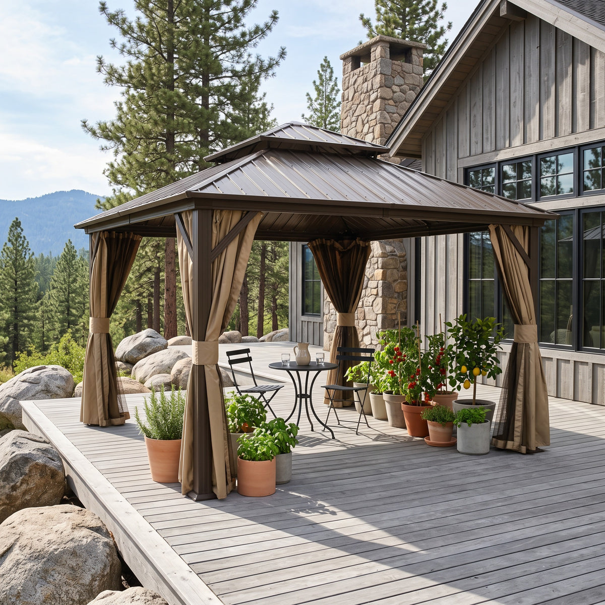 Brown aluminum 12x12 double roof hardtop gazebo with tied back curtains over a bistro table on a gray deck