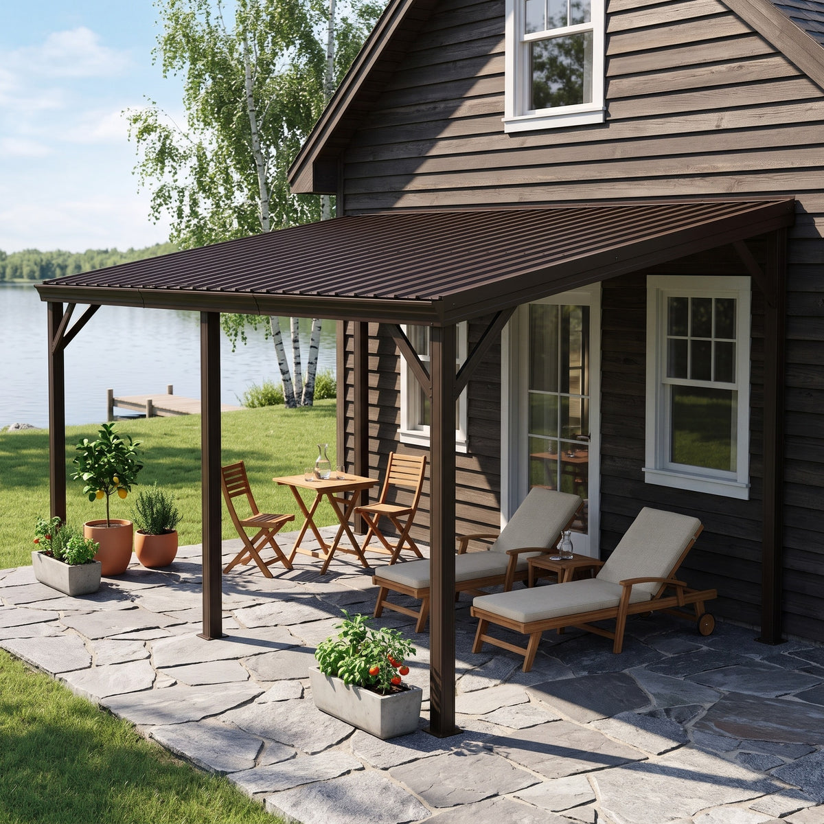 Brown steel 12x16 lean-to hardtop gazebo on a cabin wall over a stone patio with loungers by a lake