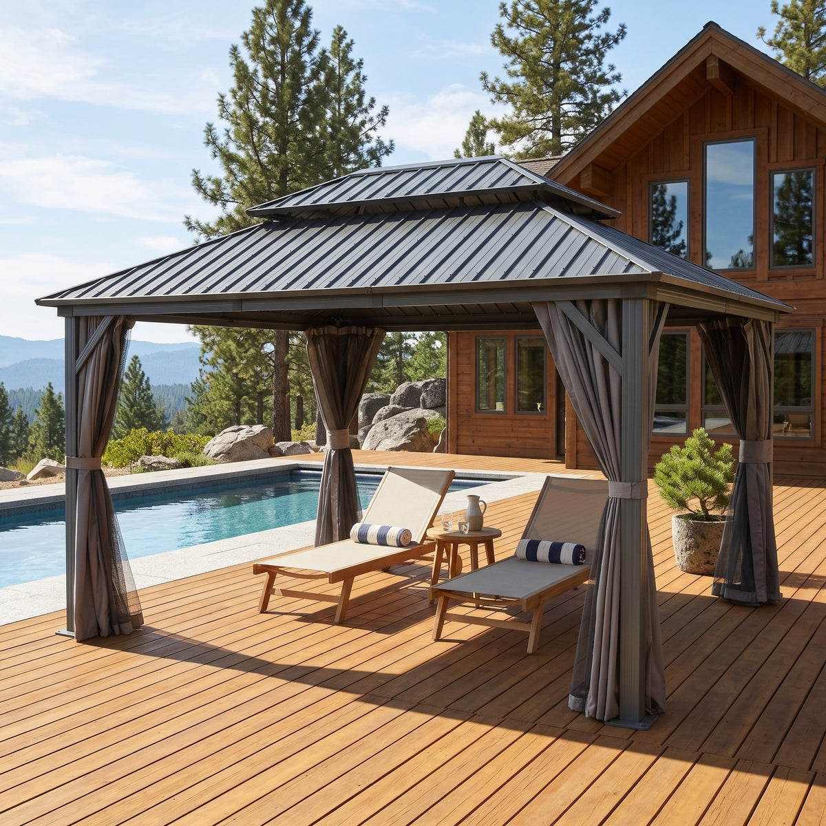 Gray aluminum double roof hardtop gazebo with tied back curtains over two loungers on a wood deck beside a pool