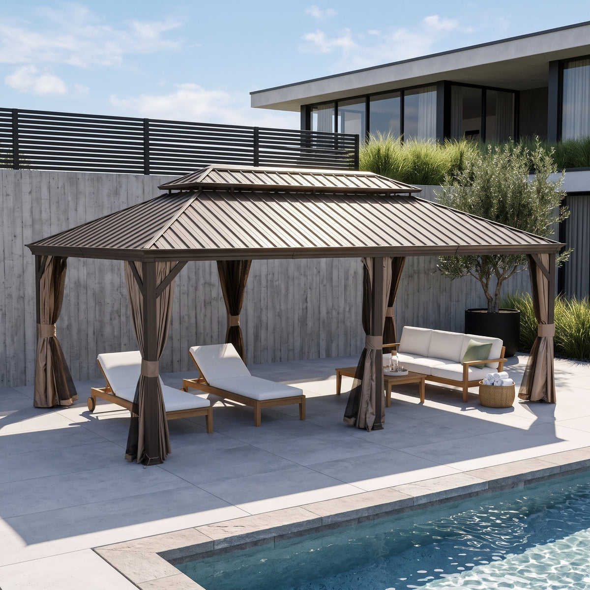 Brown double roof hardtop gazebo with tied back curtains over loungers and a sofa beside a pool on a sunny patio