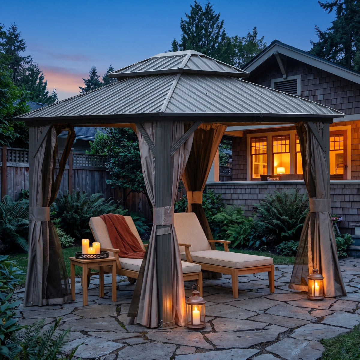 Gray double roof hardtop gazebo with tied back curtains over two lounge chairs on a stone patio at dusk