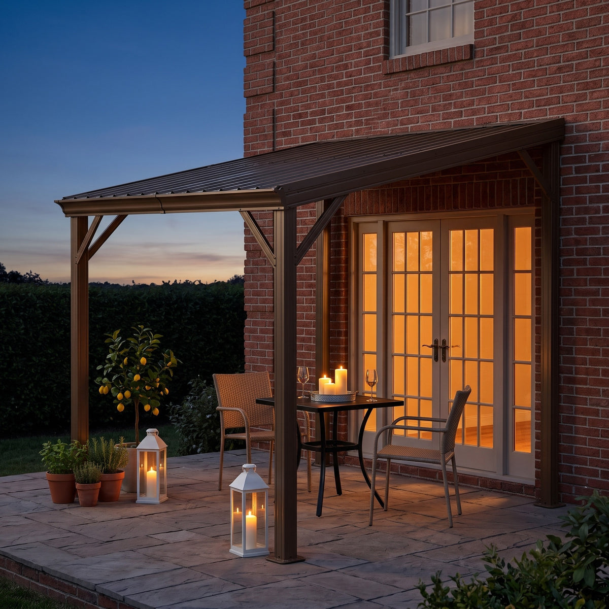 Brown metal 8x8 lean-to hardtop gazebo against a brick house over a bistro table, lit by candle lanterns at dusk