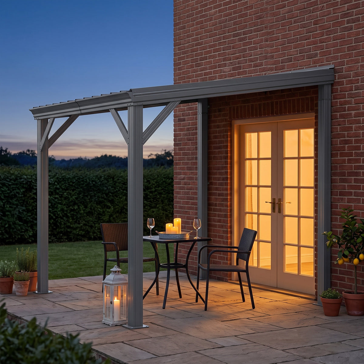 Gray metal 8x8 ft wall mounted hardtop gazebo on a brick house over a candlelit bistro table at dusk