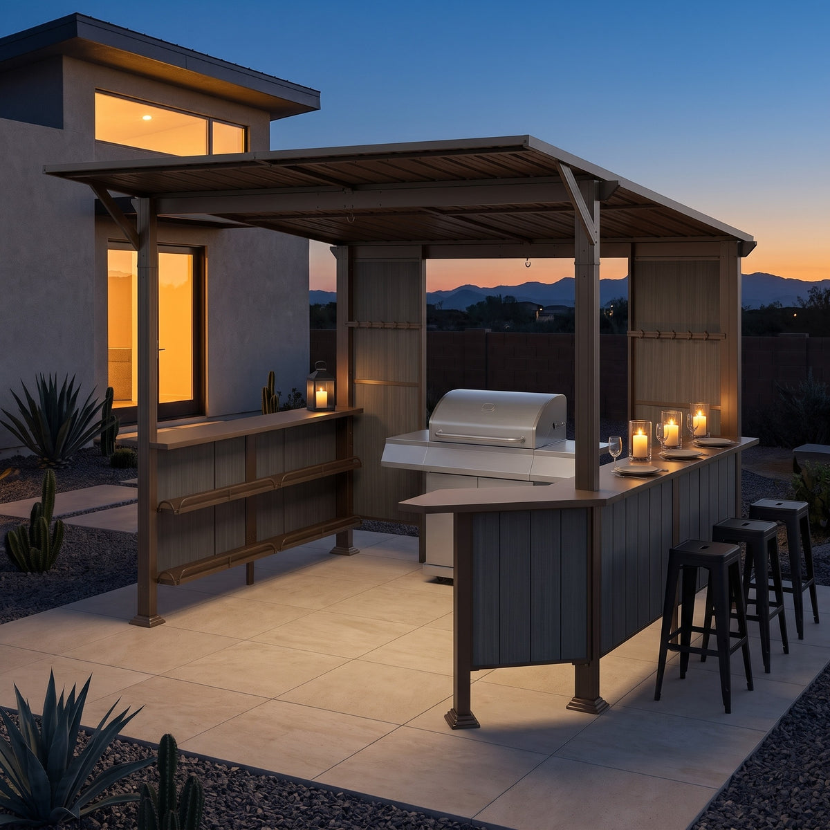 Brown steel 9x10 hardtop grill gazebo with bar counters and shelves over a grill on a concrete patio at dusk