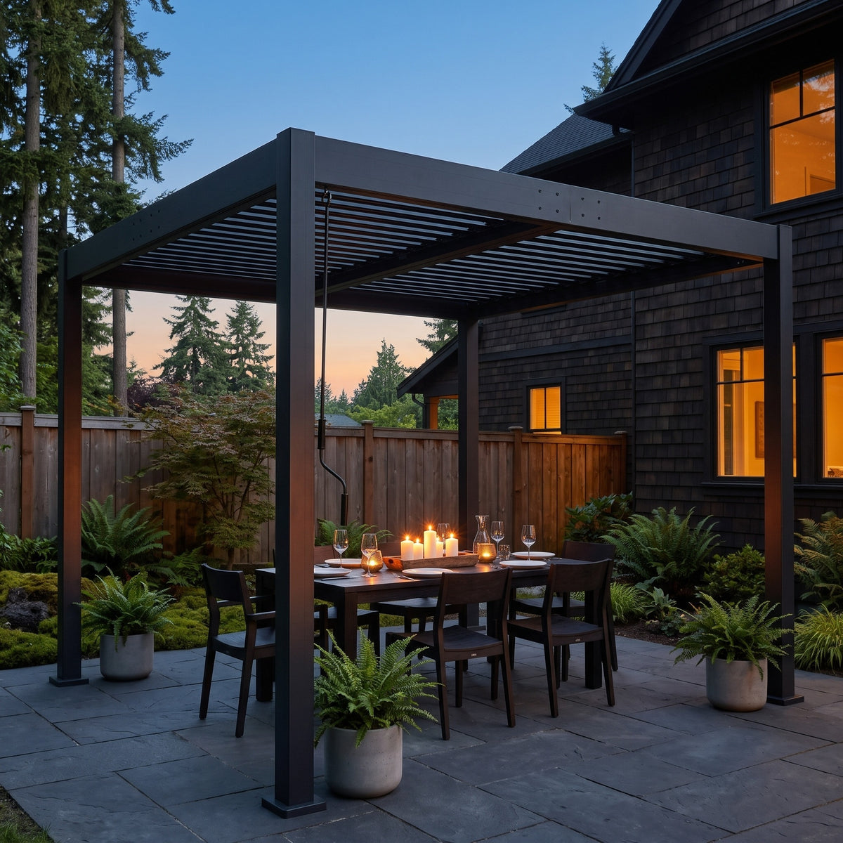 Black aluminum louvered pergola over a candlelit dining table on a slate patio at dusk