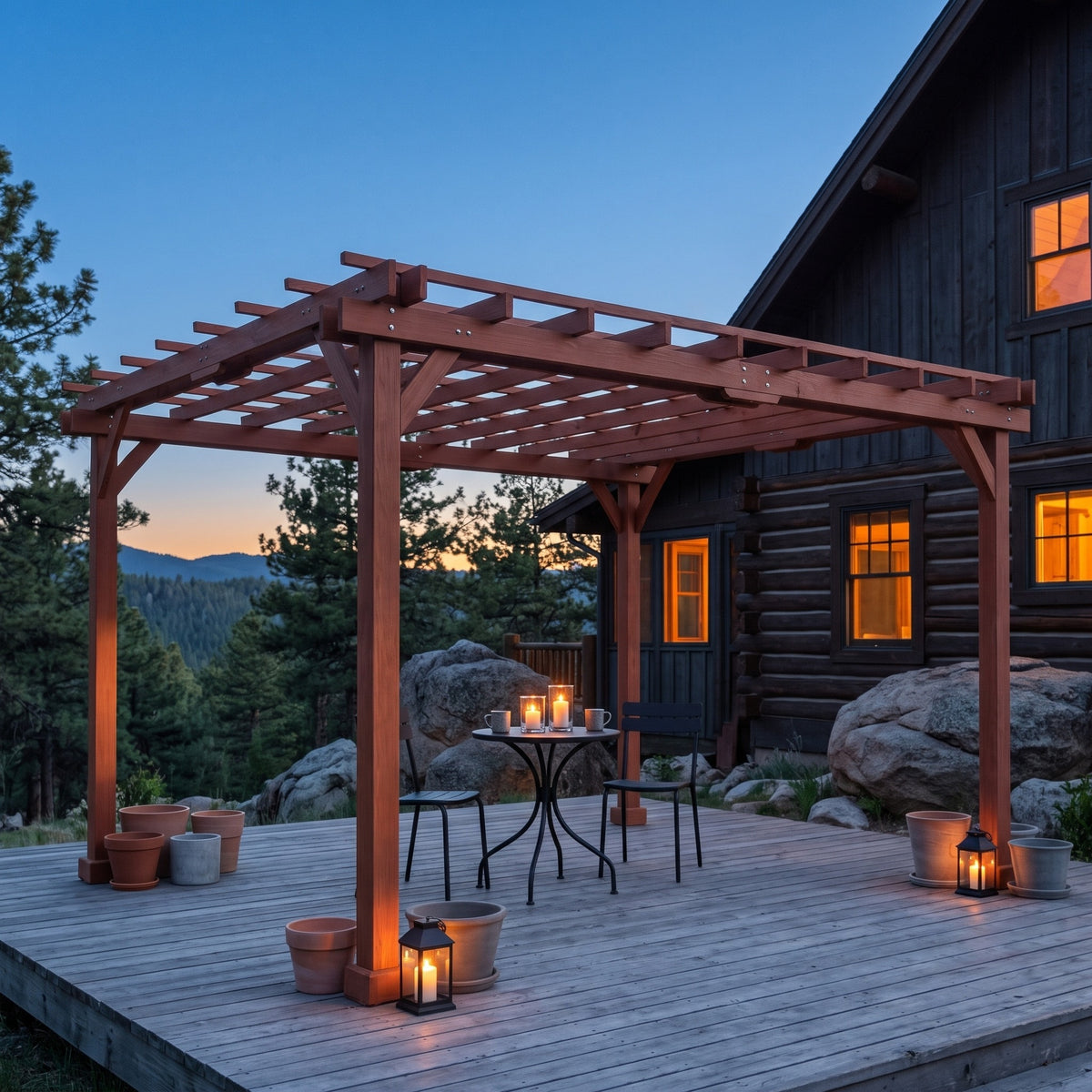 Brown wood pergola with open rafter roof over a bistro table on a cabin deck at dusk, lit by candle lanterns