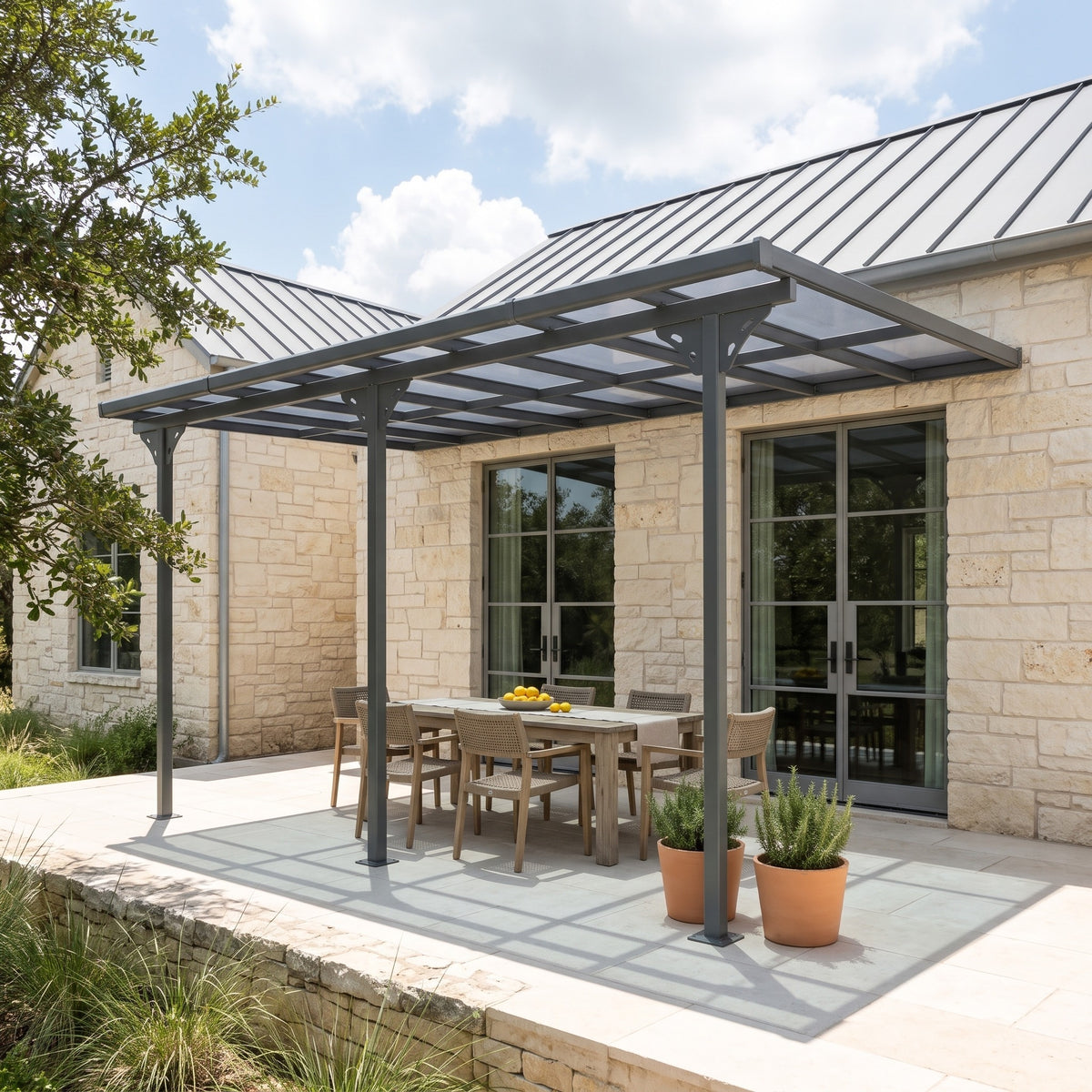 Gray aluminum wall-mounted pergola with a clear polycarbonate roof over a dining table on a stone patio
