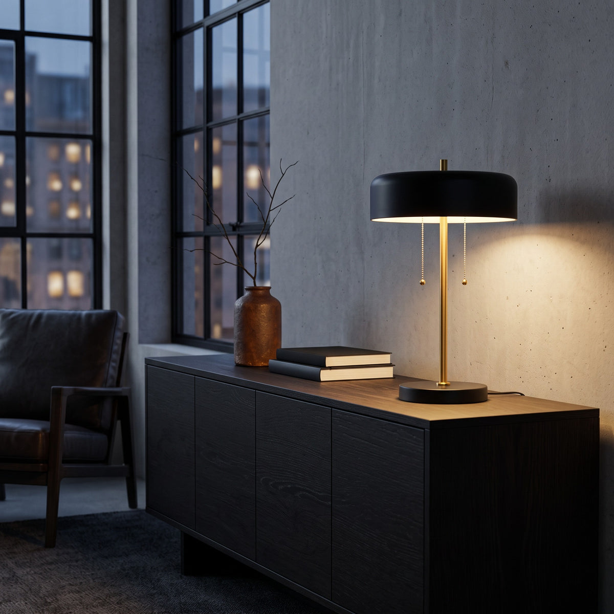 Black and brass two light table lamp, lit, on a dark wood sideboard against a concrete wall at dusk