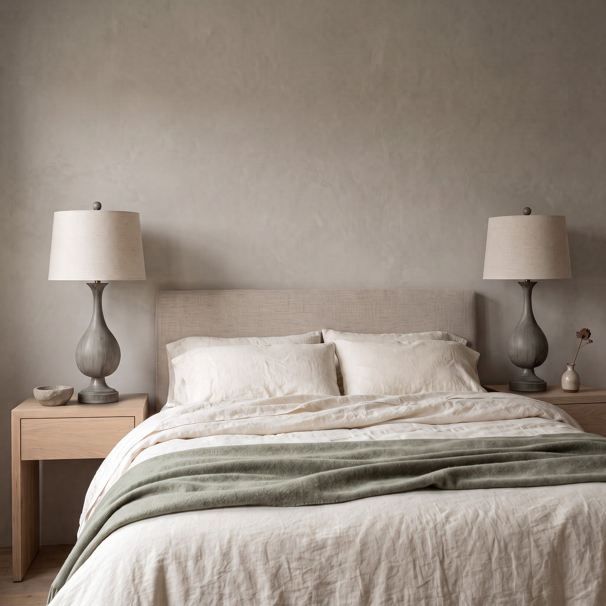 Pair of gray wood-look table lamps with linen drum shades on oak nightstands beside a made bed