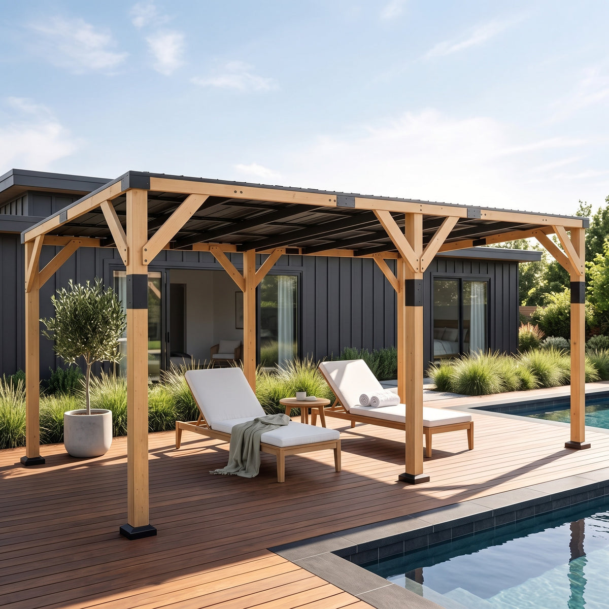 Wood pergola with black steel pent roof over two white lounge chairs on a wood deck beside a pool