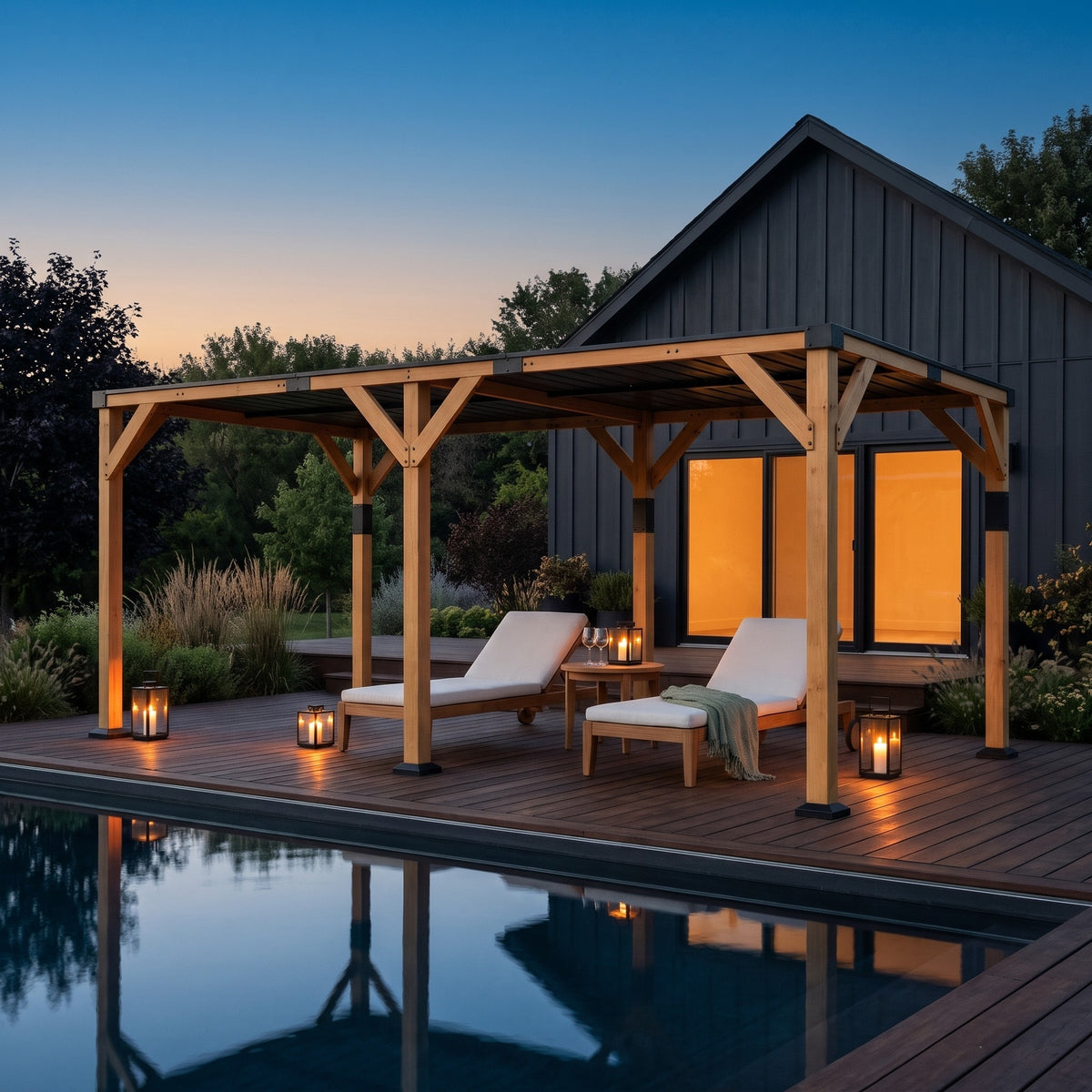 Light walnut wood pergola with black steel roof over two lounge chairs on a poolside deck at dusk with candle lanterns