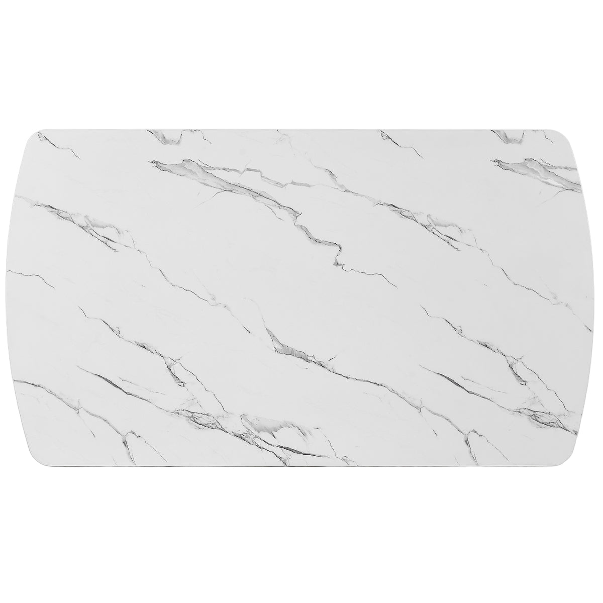 Close-up of a rounded tabletop corner and black leg on the faux marble dining table, white background