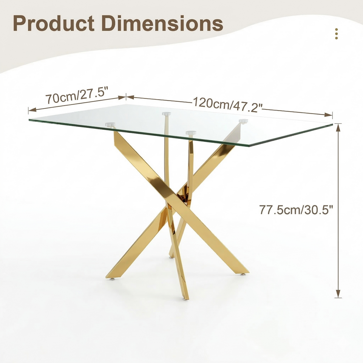 Dimension diagram of the glass dining table, 27.5 by 47.2 inch top and 30.5 inch height