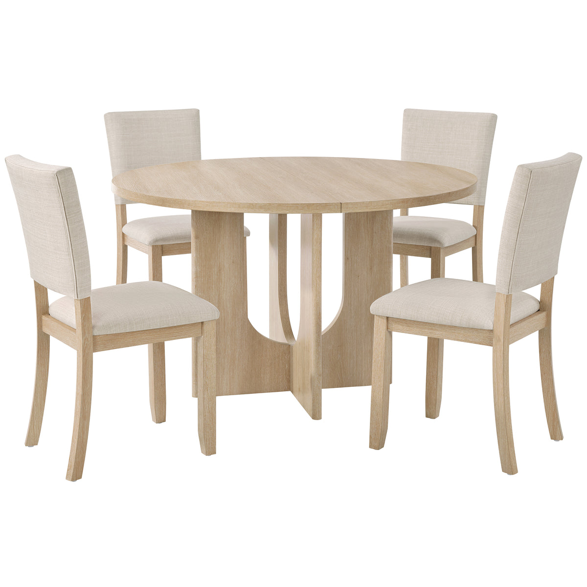 5-Piece Round Dining Set for 4, Light Oak Table with 4 Beige Chairs