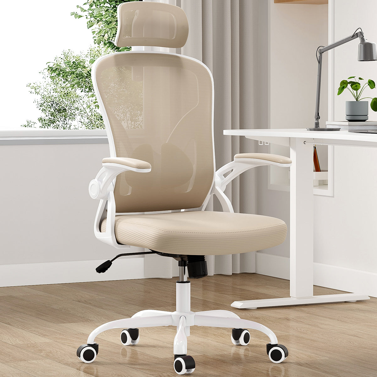 Khaki Mesh Office Chair, Lumbar Support, 56.7 in Tall