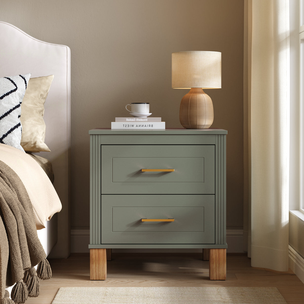 Olive Green Mid-Century 2-Drawer Nightstand with Fluted Trim and Wood Legs