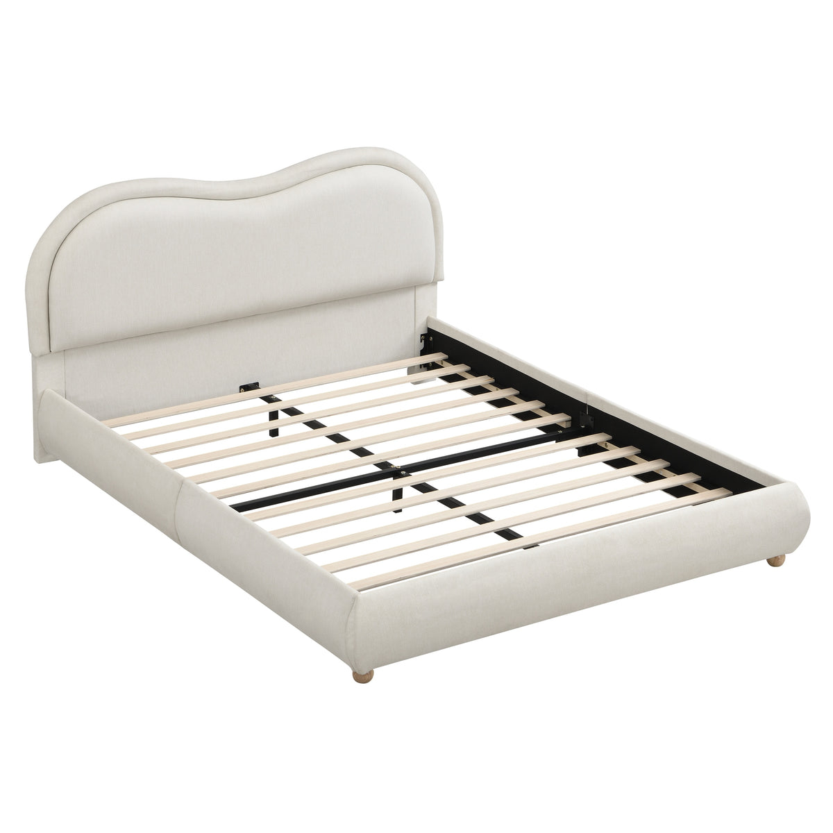 Angled beige chenille platform bed frame with exposed wood slats on white background