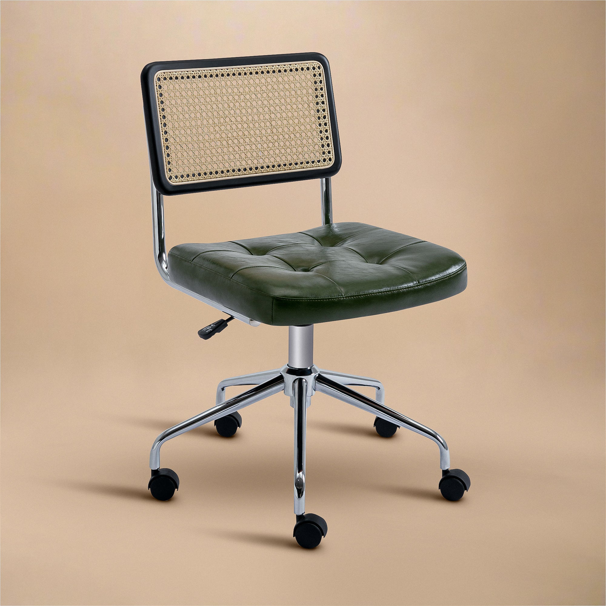 Mid Century Modern Office Chair – Rattan, Vegan Leather & Stainless Steel