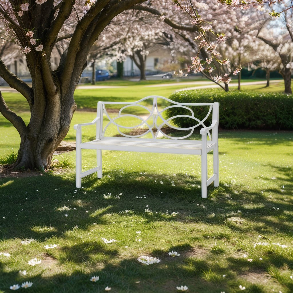 White Metal Outdoor Bench, 50.5 in Wide