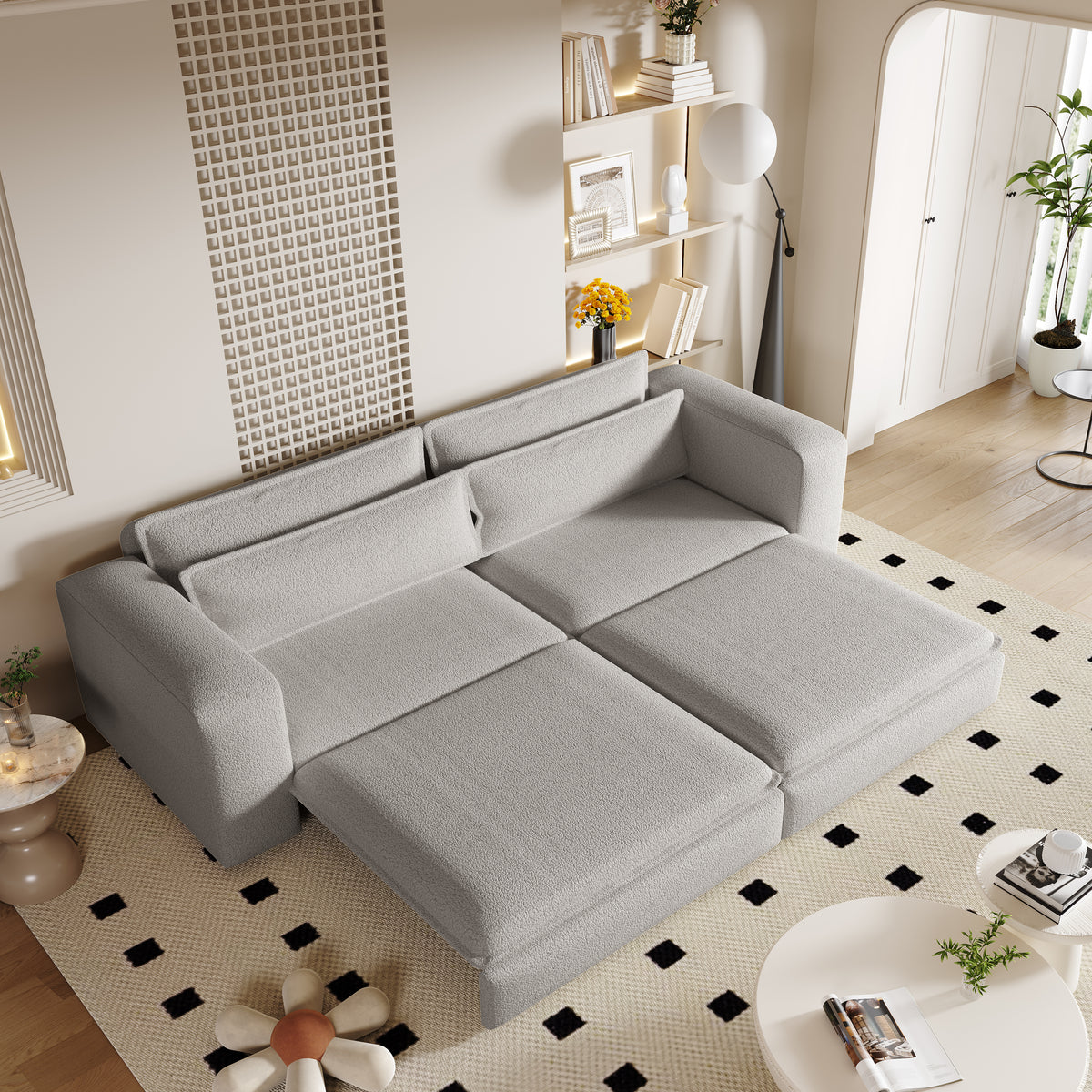 Light Gray Sherpa 3-Seat King Sleeper Sofa, 93 in Wide