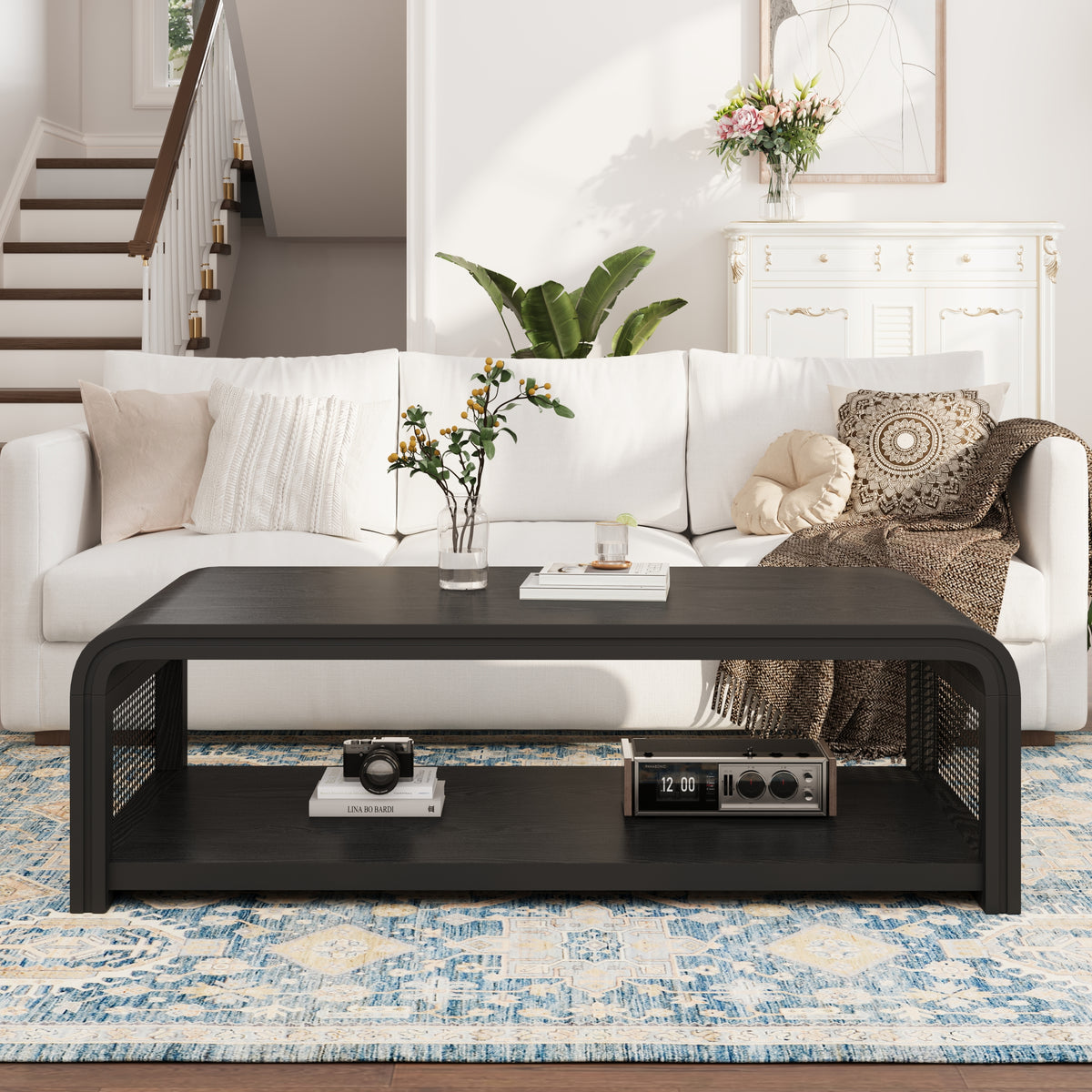 Black Rattan Waterfall Rectangular Coffee Table with Shelf, 47.2 in