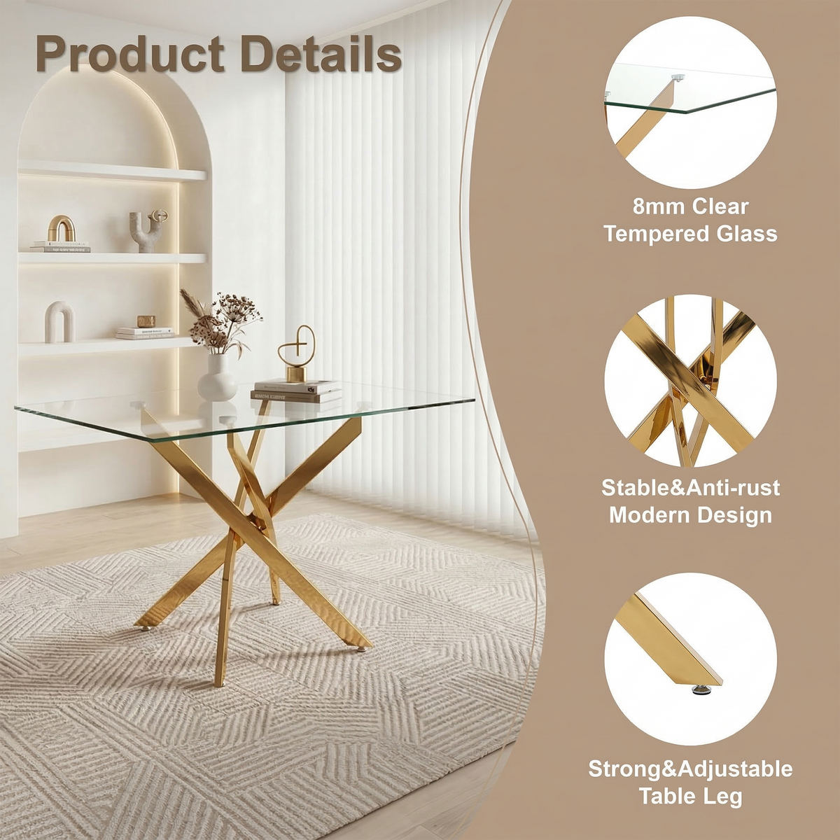 Styled room scene with the gold-leg glass table and eucalyptus stems